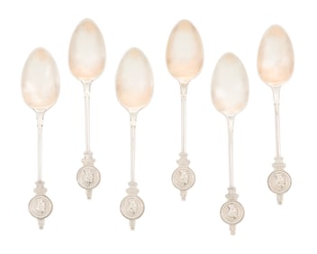 Six "Medallion" Coin Silver Coffee Spoons