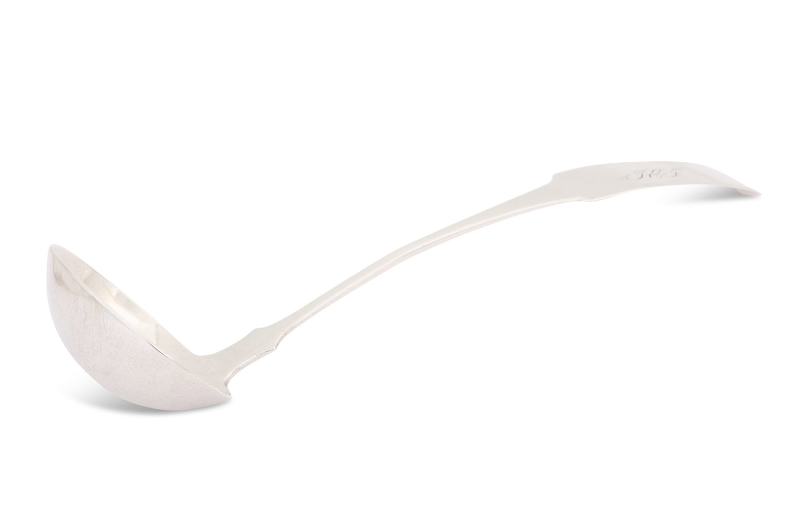 Kentucky "Fiddle" Coin Silver Ladle: Kentucky "Fiddle" Coin Silver Ladle second quarter 19th century, by Richard Ewing Smith (1800-1849), Louisville, Kentucky, with oval bowl, pointed shoulders and "down-tipt" handle, monogrammed "JEJ". 