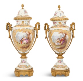 Pair of Bronze-Mounted Porcelain Urns