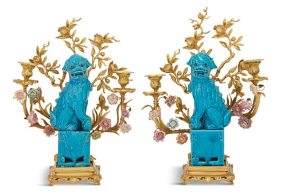 Pair of Gilt-Bronze and Porcelain Candelabra