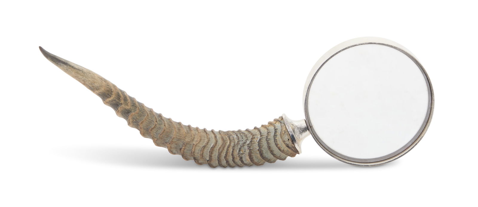 Hermes Silverplate and Horn Desk Magnifying Glass: Hermes Silverplate and Horn Desk Magnifying Glass20th century, by Ravinet d'Enfert, Paris for Hermes, with circular frame and natural springbok horn handle.l. 12", dia. 4"