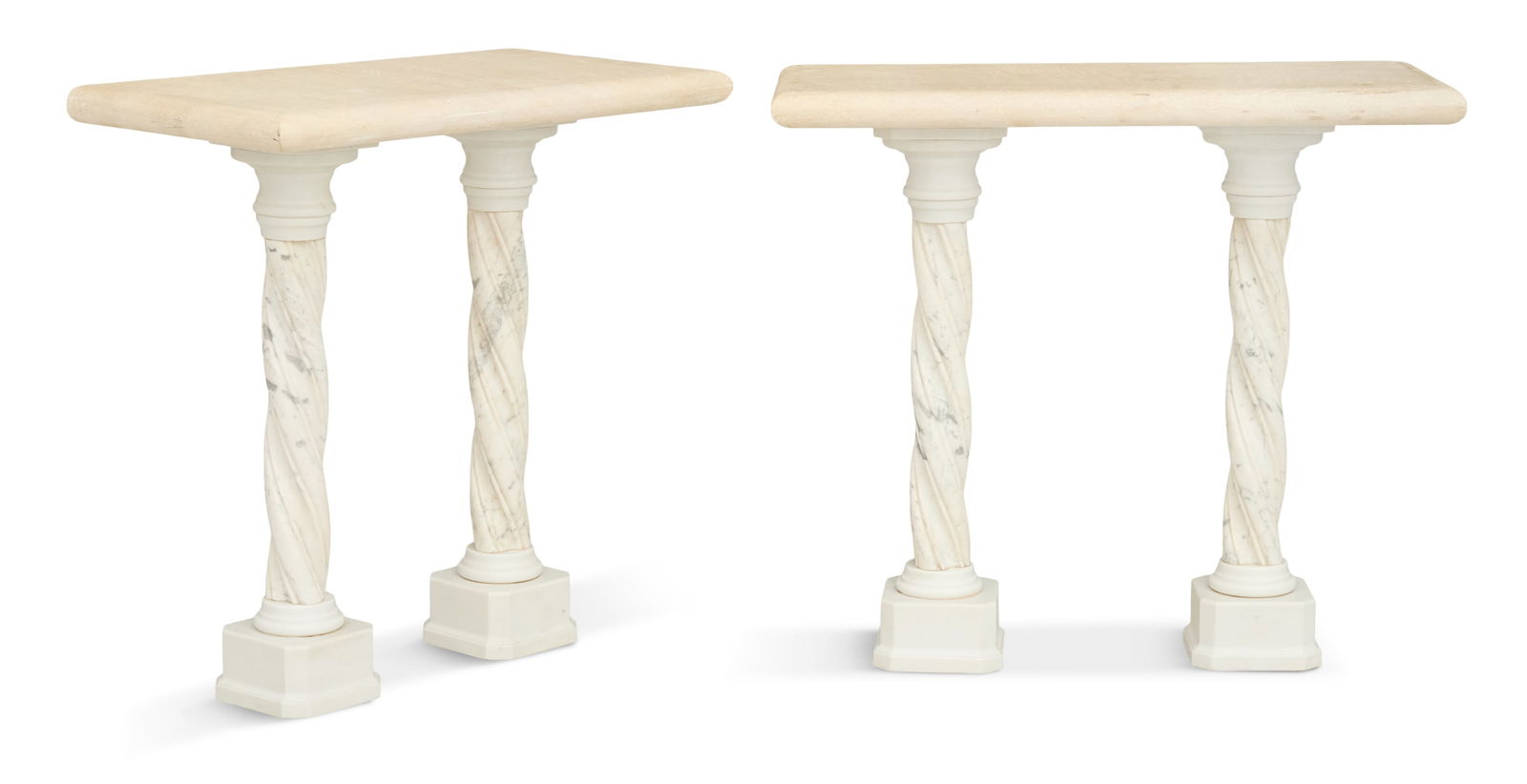 Near Pair of Marble and Cast-Stone Console Tables: Near Pair of Italian Marble and Cast-Stone Console Tableseach with a cast-stone top resting on a pair of spiral-twist marble columns with plinth bases.h. 33-1/2",one w. 37-1/2", d. 18", the other w. 3