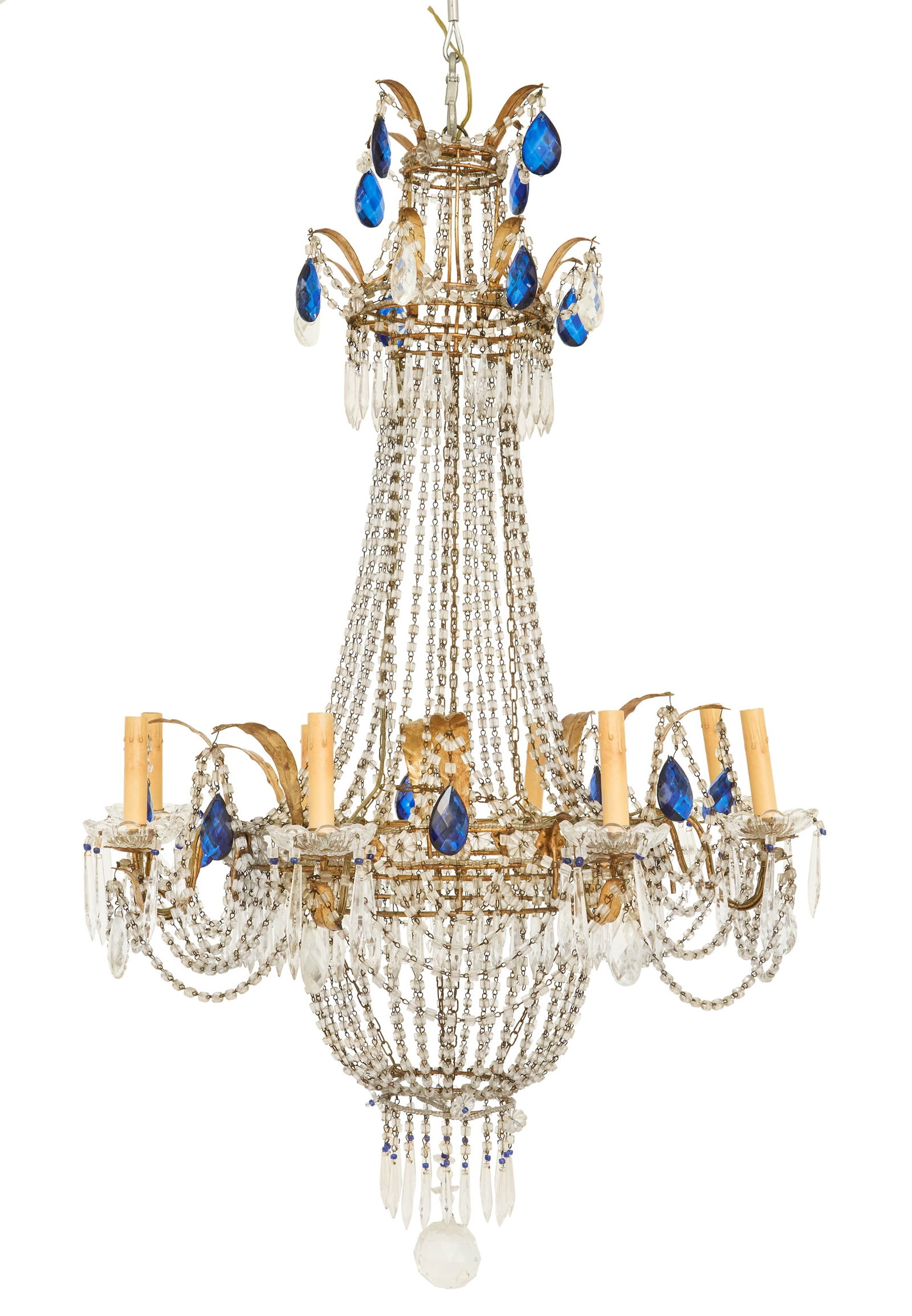 Italian Gilt-Metal and Glass Chandelier: Italian Gilt-Metal and Glass Basket-Form Chandelierthe double corona decorated with metal leaves supporting swags of glass beads, accented with cobalt drops, supporting strands of glass beads down to