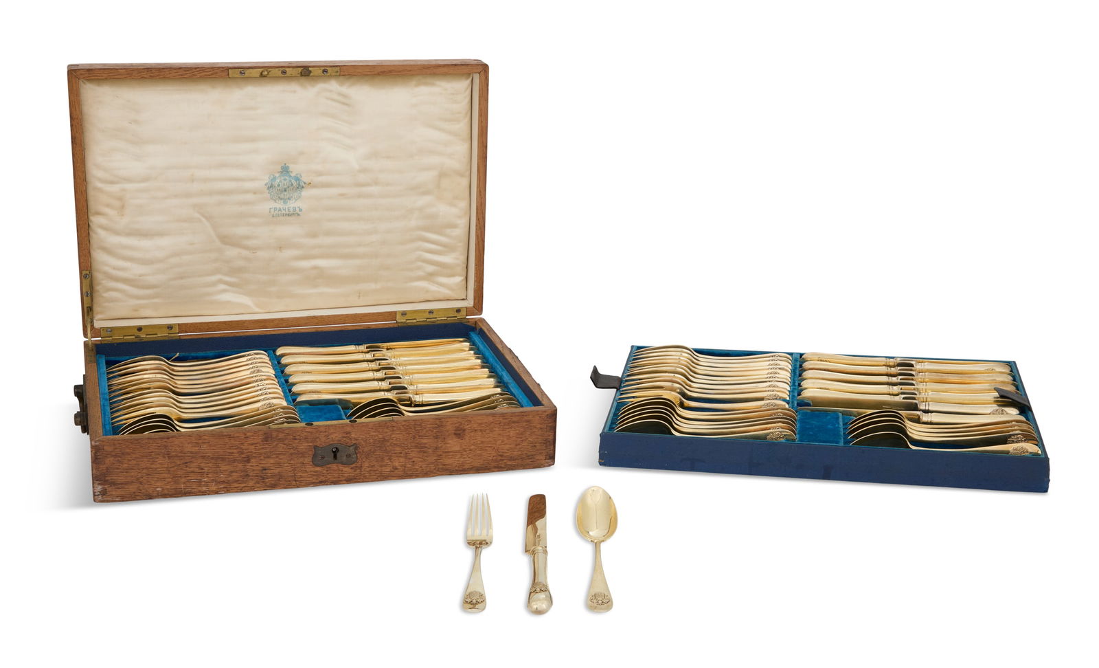 Fine Russian Grachev Silver Gilt Dessert Service: Fine Russian Grachev Silver Gilt Dessert Servicemarked St. Petersburg, 1891, assay master Aleksandr Shevyakov, workmaster Cyrillic "AH", 84 zolotnik (.875) silver, including twenty-four each dessert f