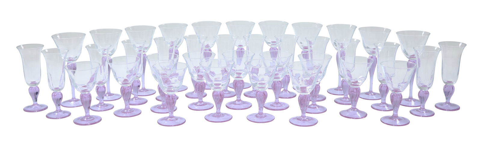 Partial Service of Colle "Princeps" Stemware: Partial Service of Colle "Princeps" StemwareItalian, with colorless bowls and lavender stems, the service including:eleven water goblets, h. 9-1/2";fourteen champagne flutes, h. 8-1/4"; andthirteen wi