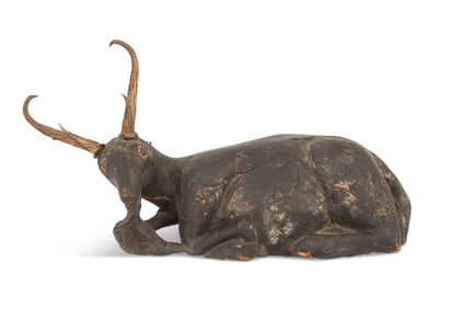 Asian Carved and Painted Wood Recumbent Deer