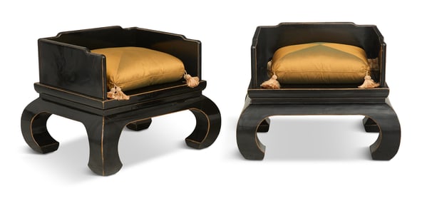 Pair of Chinese Black-Lacquered Throne Chairs