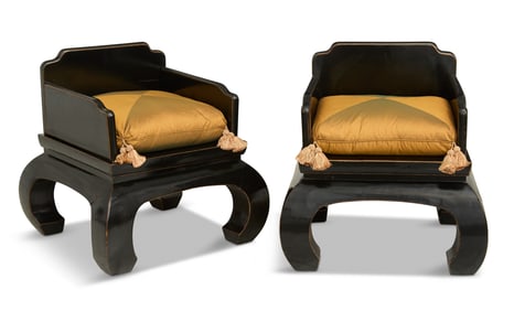 Pair of Chinese Black-Lacquered Throne Chairs