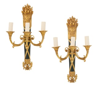 Pair of French Patinated and Gilt-Bronze Sconces