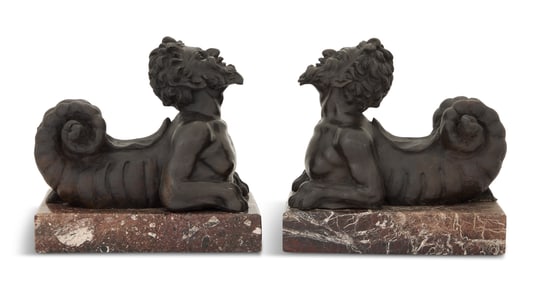 Pair of Patinated Bronze and Marble Chimeras