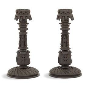 Pair of Irish Carved Bog Oak Candlesticks