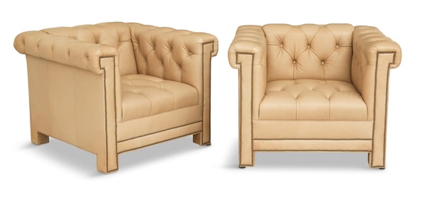 Pair of Tan Leather Chesterfield Club Chairs