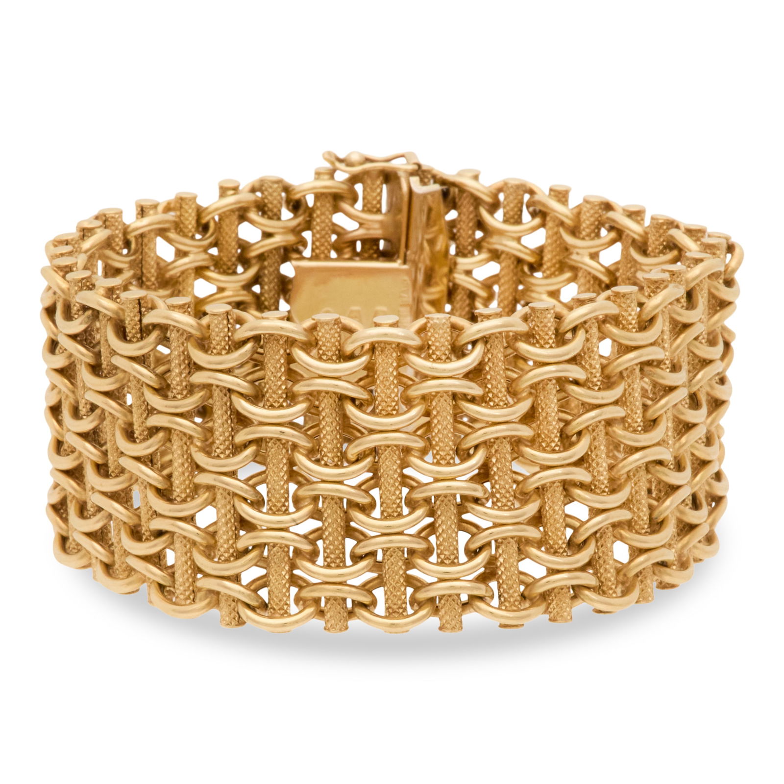 Italian Cartier Gold Bracelet: Italian Cartier Gold Bracelet18k yellow gold, third quarter 20th century, UnoAErre, Arezzo, for Cartier, the wide woven bracelet with polished and textured links, stamped "CARTIER ITALY 18K", "750 1AR