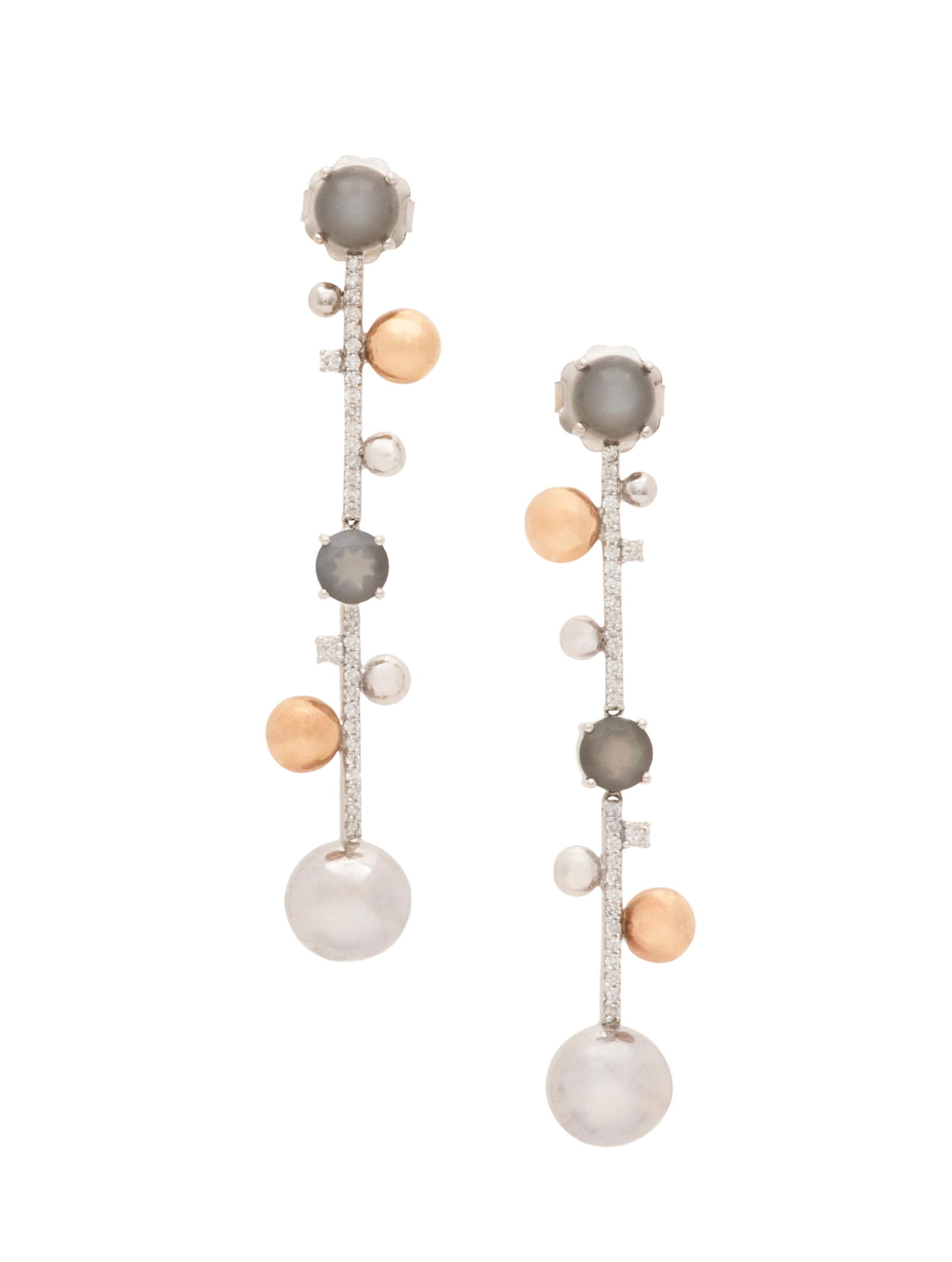 Diamond and Moonstone Dangle Earrings: Diamond and Moonstone Dangle Earrings14k white/yellow gold, the earrings mounted with round brilliant-cut diamonds weighing approximately 0.70 carats in total and cabochon-cut moonstones weighing appr