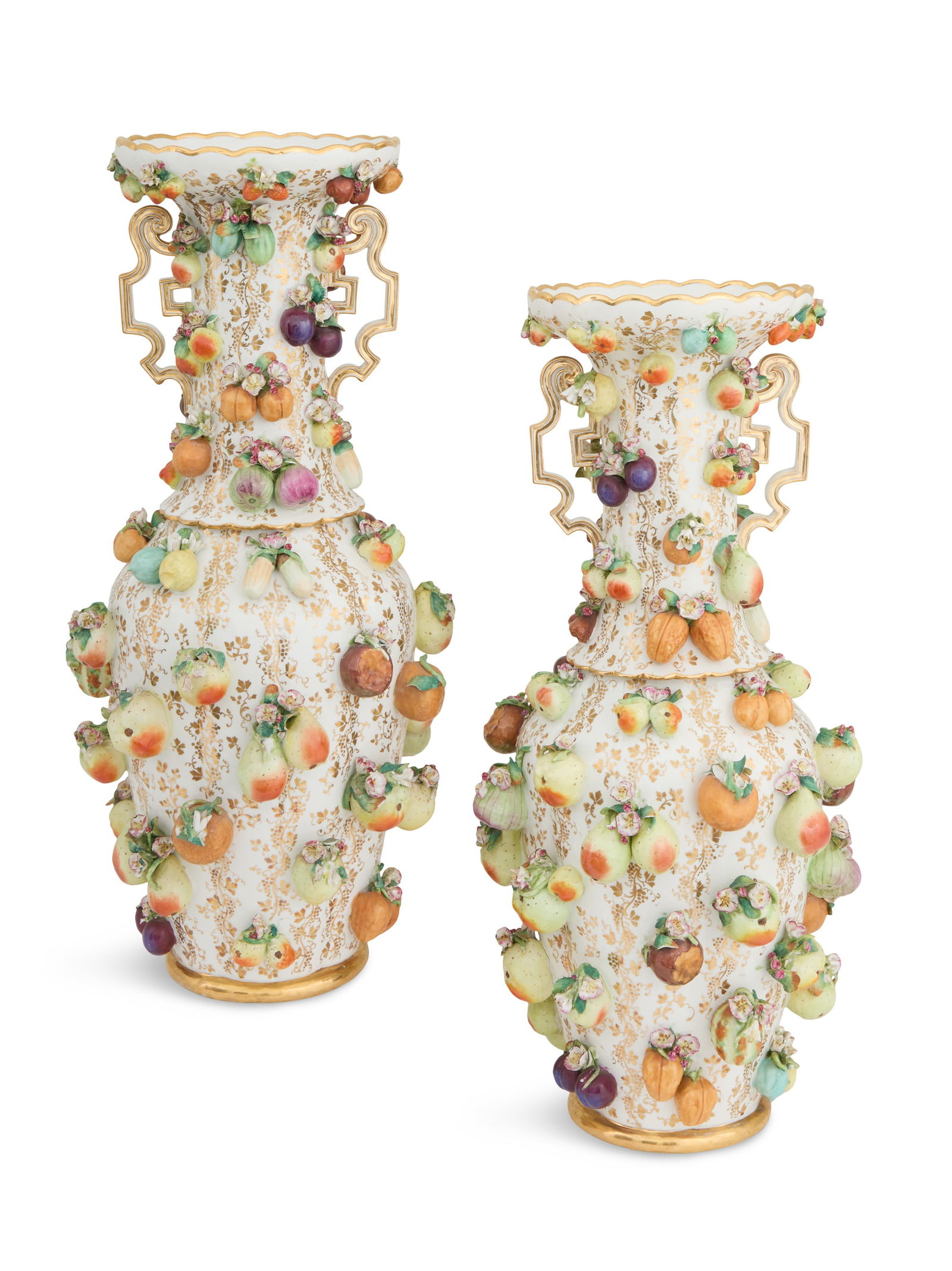 Pair of Monumental Jacob Petit Porcelain Vases: Pair of Monumental Jacob Petit Porcelain Vasesmid-19th century, the unusual Paris porcelain vases composed in two parts and bolted together, with lobed bodies decorated with scattered porcelain fruit,