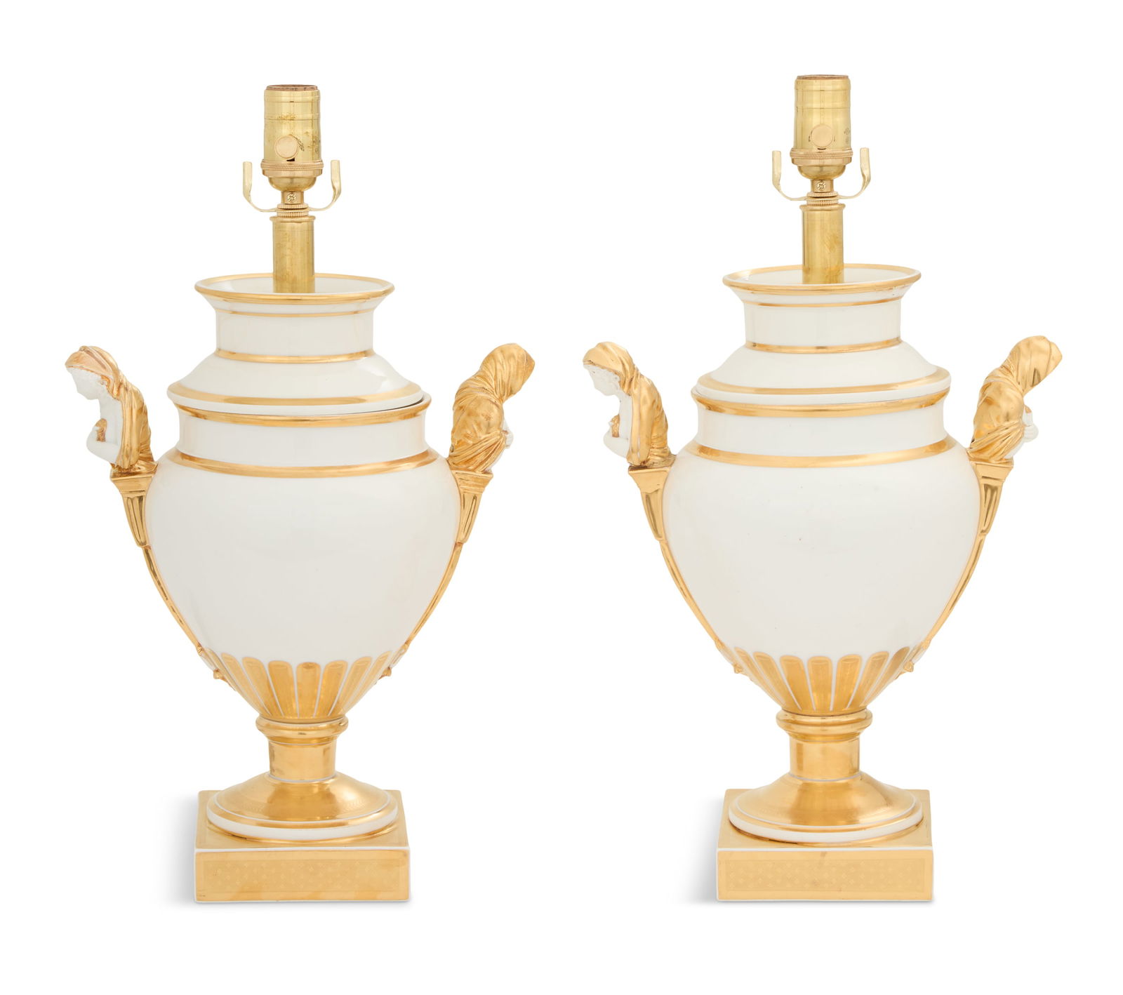 Pair of Paris Porcelain-Style Fruit Cooler Lamps: Pair of Paris Porcelain-Style Fruit Cooler Lampsthe urn-form bodies set with handles molded with allegorical depictions of winter, the lower bodies decorated with tooled gilt leaves, on square bases.h