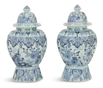 Pair of Dutch Delft Covered Urns