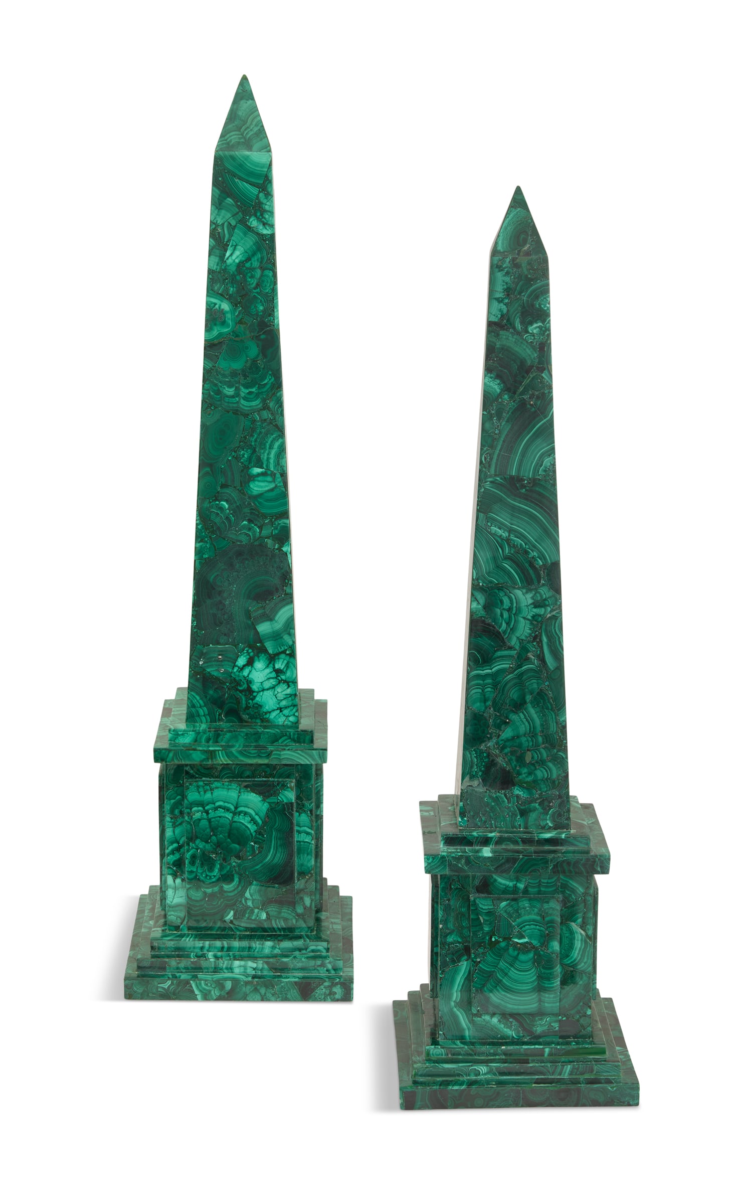 Pair of Malachite Obelisks: Pair of Malachite Obelisks20th century, Russian or French, of classical form, on rectangular bases with raised panels.h. 24-1/2", w. 6-1/2", d. 6-1/2"