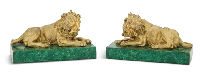 Pair of Bronze and Faux Malachite Lions