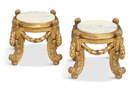 Pair of French Giltwood and Marble Taborets