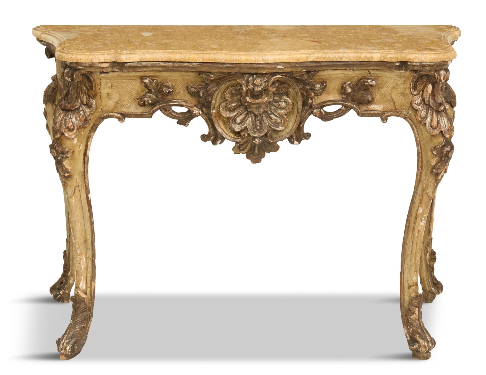 Italian Polychrome Marble-Top Console Table: Italian Polychrome, Silver-Leaf and Marble-Top Console Table18th century, the conforming Sarrancolin marble top over a large shell-carved front apron, raised on cabriole legs ending in scrolled toes.h