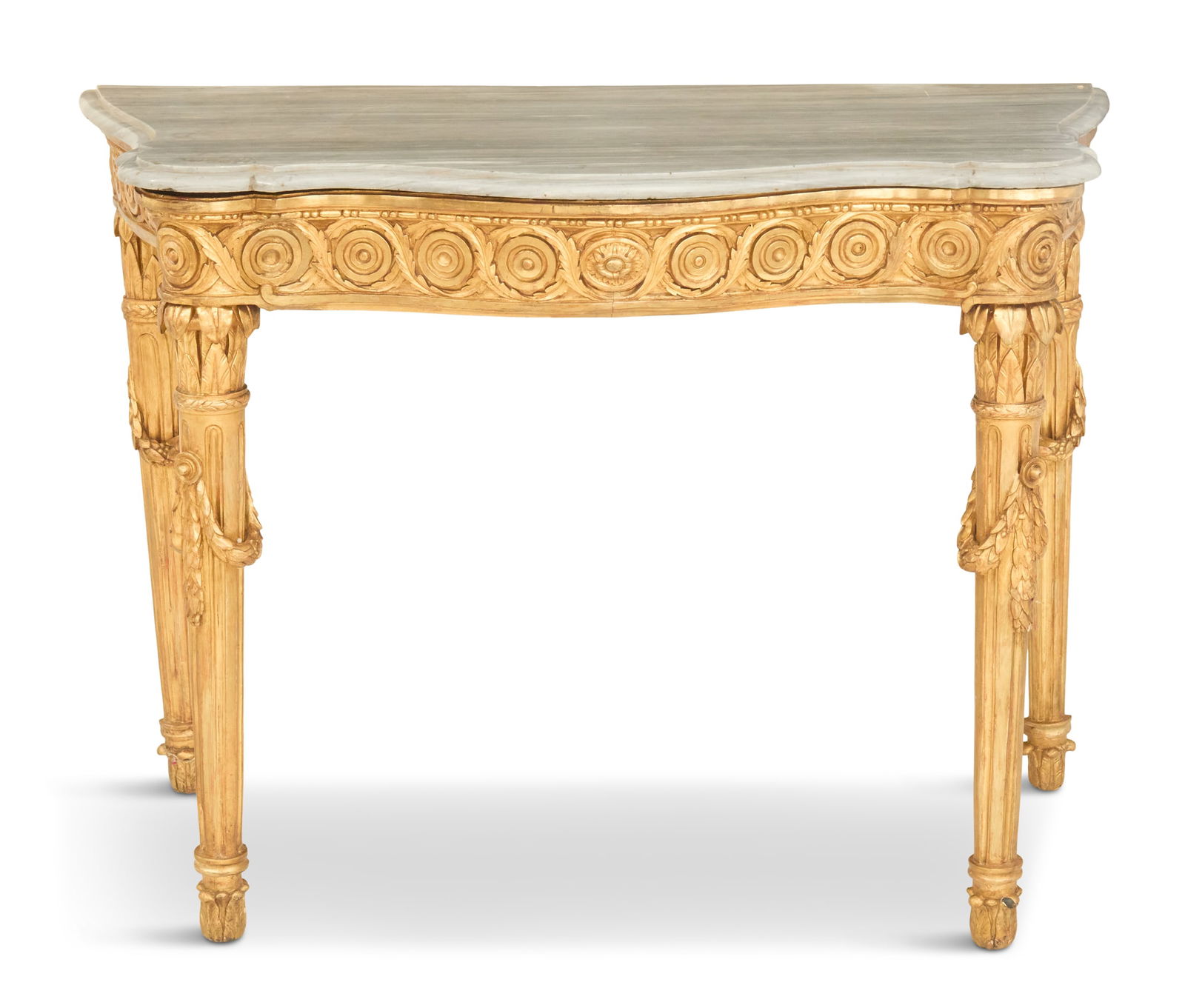 Louis XVI Giltwood and Marble-Top Console Table: Louis XVI Giltwood and Marble-Top Console Table18th century, the conforming gray marble top over foliate-and-rosette-carved aprons, raised on fluted legs with garland swags.h. 35-1/2", w. 48", d. 23"