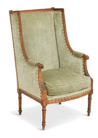 Louis XVI-Style Carved Walnut Wing Chair