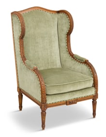 French Carved Fruitwood Wing Chair