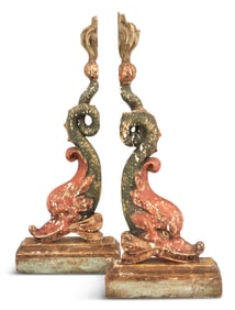 Pair of Venetian Carved Wood Dolphin-Form Finials
