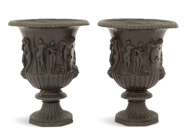 Pair of French Patinated Bronze Urns