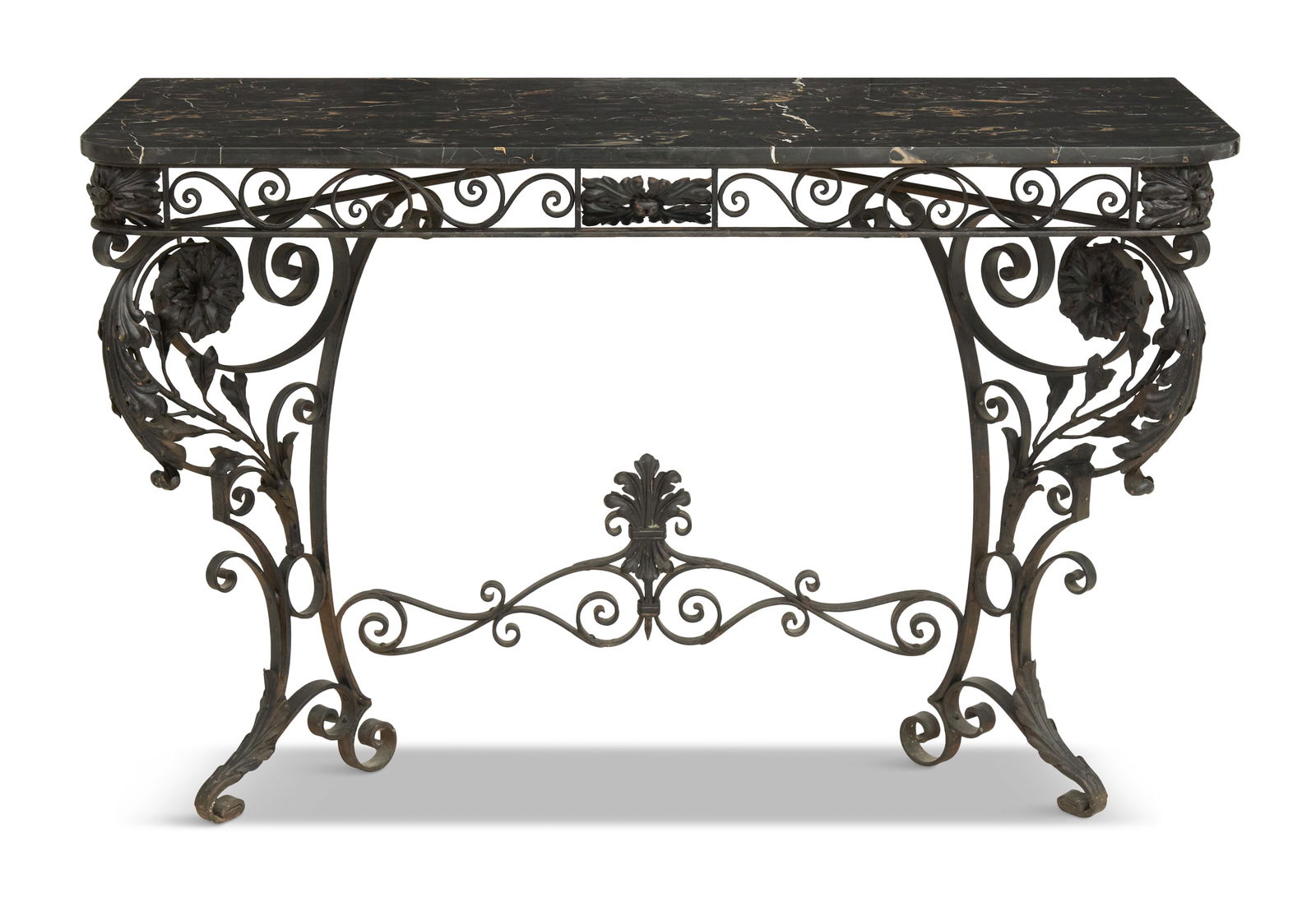 French Metal and Marble-Top Console Table: French Metal and Marble-Top Console Tablesecond quarter 20th century, the marble top supported on a skirt pierced with scrollwork, the bold scrolled legs decorated with floriform medallions and applie