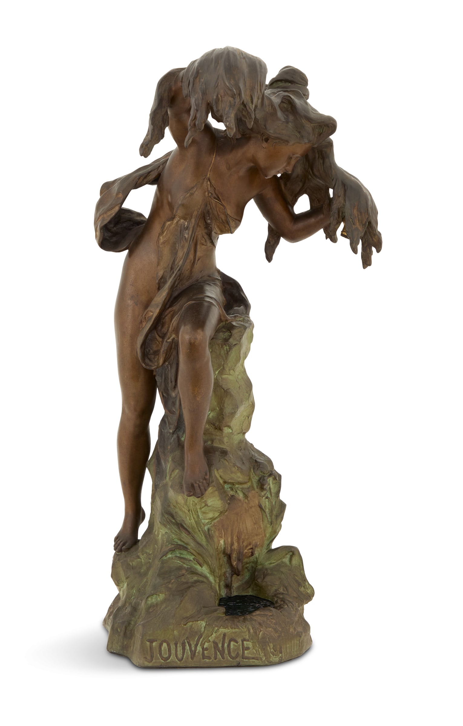 Art Nouveau Patinated Metal "Jouvence" Lamp: Art Nouveau Patinated Metal "Jouvence" Lampca. 1900, after Alfred Jean Foretay (Swiss, 1861-1944), of a nymph washing her long flowing hair, standing on a rocky outcropping above a pool of enameled "w
