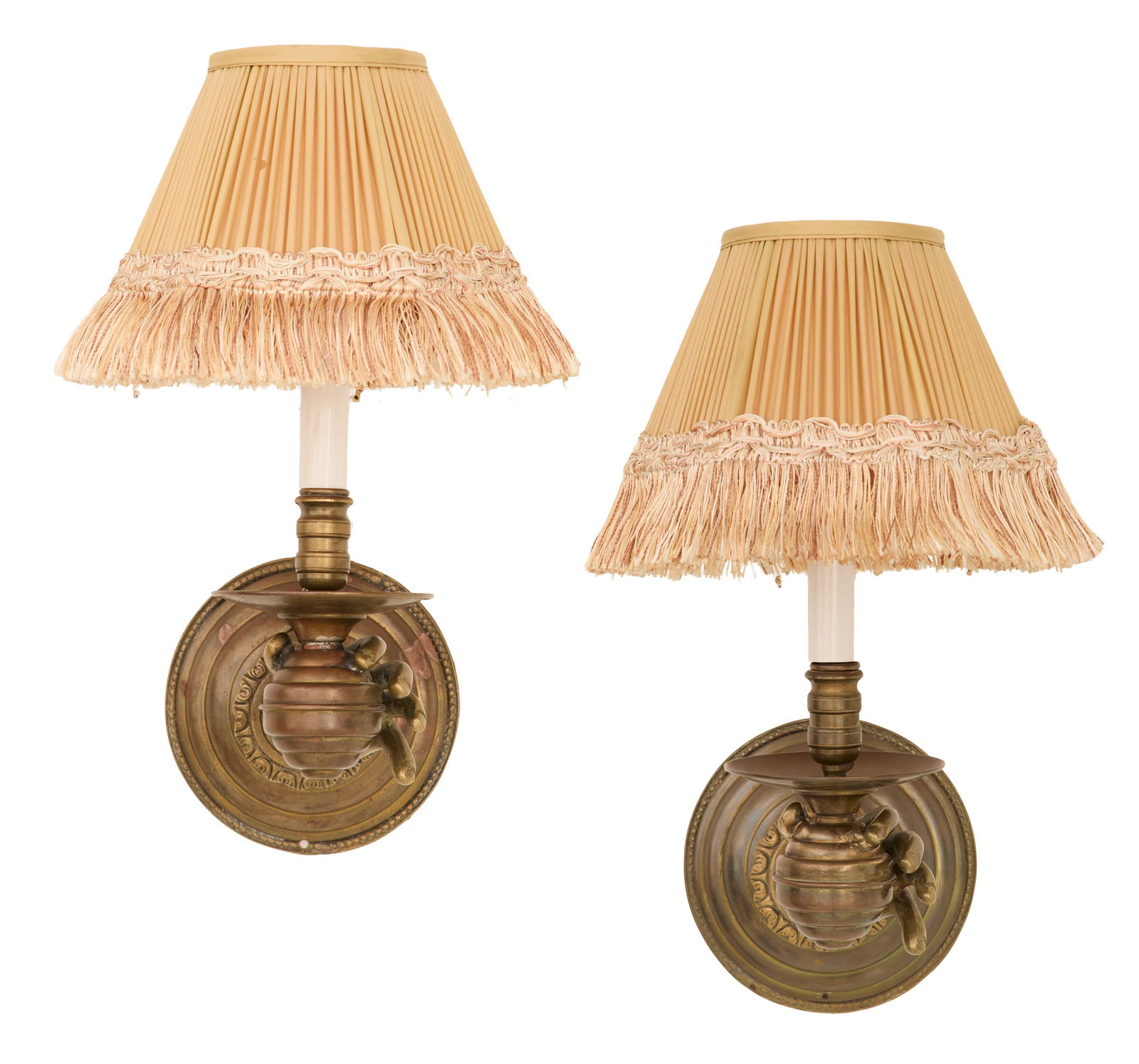 Pair of English Brass Sconces: Pair of English Brass Sconcesthe circular beaded backplates set with hand-form arms, electrified and fitted with custom Denning & Fourcade pleated and fringed shades.h. 15", w. 7", d. 12"