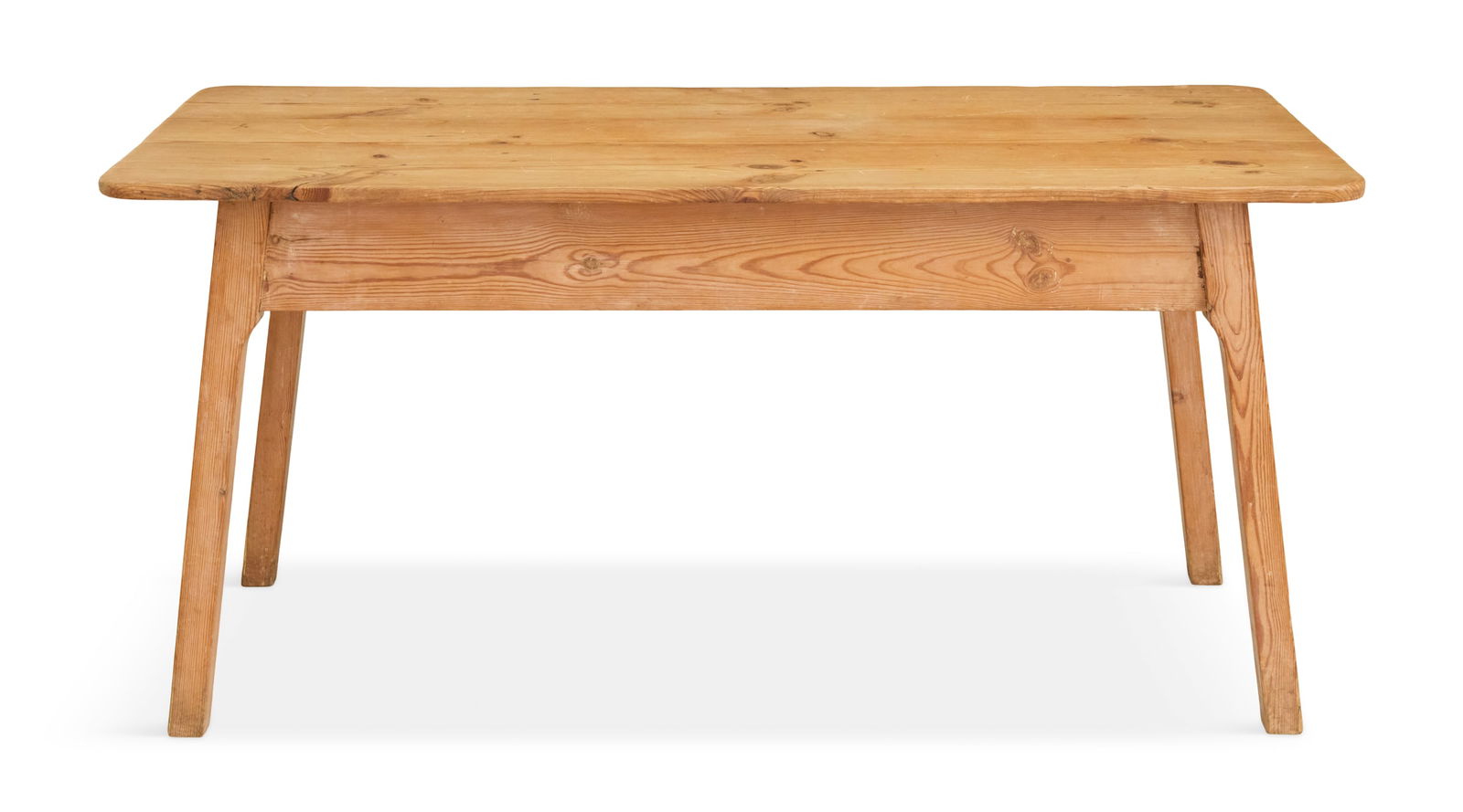 English Scrubbed Pine Work Table: English Scrubbed Pine Work Table19th century, the plank top with rounded corners, mounted to square, splayed legs, each end fitted with a drawer.h. 28-1/2", d. 30", l. 60"