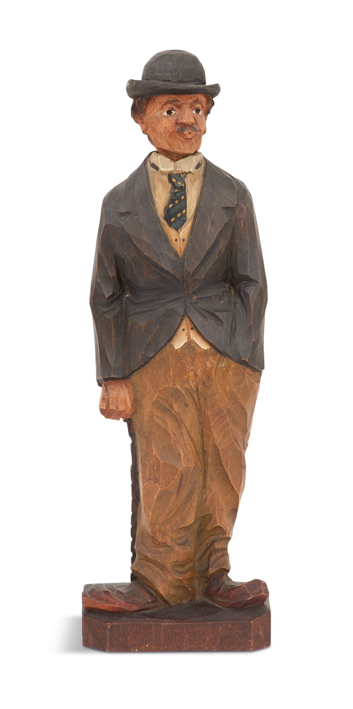 Black Forest Carved and Painted Automaton: Black Forest Carved and Painted Automatonca. 1925-1940, attributed to Karl Griesbaum, depicting a whistling Charlie Chaplin with a moving head, marked "Germany".h. 13-1/2", w. 4-1/4", d. 3"