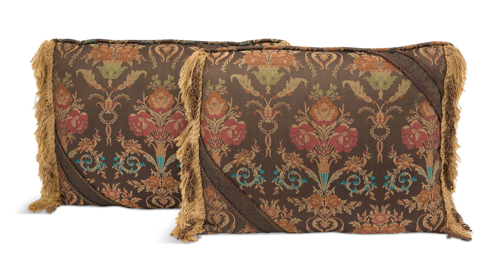 Pair of Custom Silk Fringed Pillows: Pair of Custom Silk Fringed Pillows decorated with sprays of flowers and scrollwork on a chocolate ground, the sides with champagne-colored fringe. w. 19-1/2", d. 14"