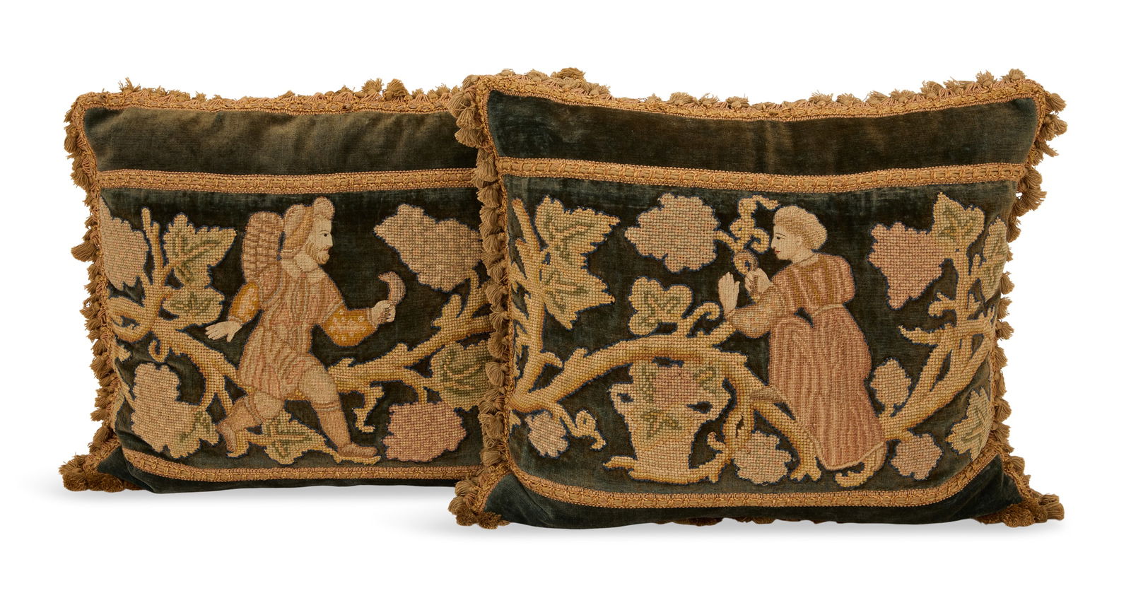Pair of Custom Crewel Work Pillows: Pair of Custom Crewel Work Pillows 20th century, decorated with Baroque figures and plants on a velvet ground, with woven and tasseled gold trim. w. 20", l. 17"