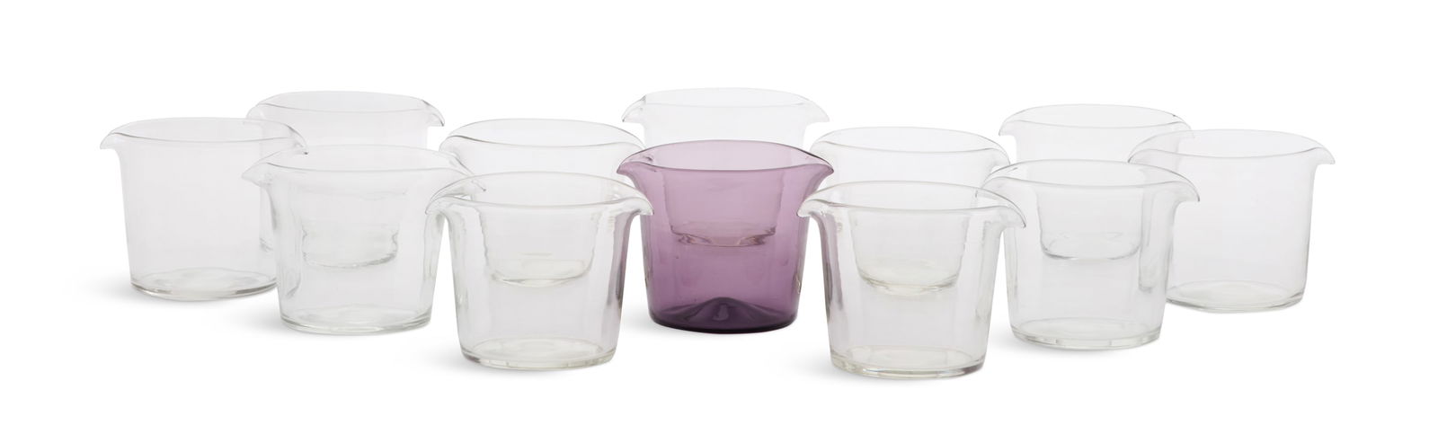 Set of Twelve English Blown-Glass Wine Rinsers: Set of Twelve English Blown-Glass Wine Rinsers second quarter 19th century, including eleven colorless and one mauve wine rinser, the bottoms with polished pontil marks. h. 4", dia. 4-1/2" 