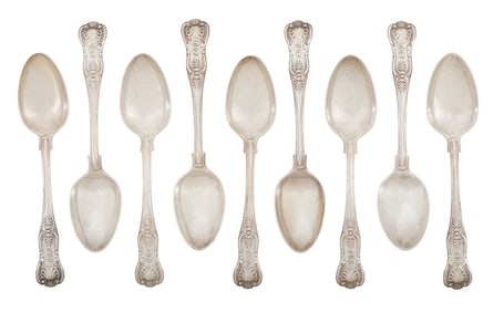 Nine "King's Honeysuckle" Silver Dessert Spoons