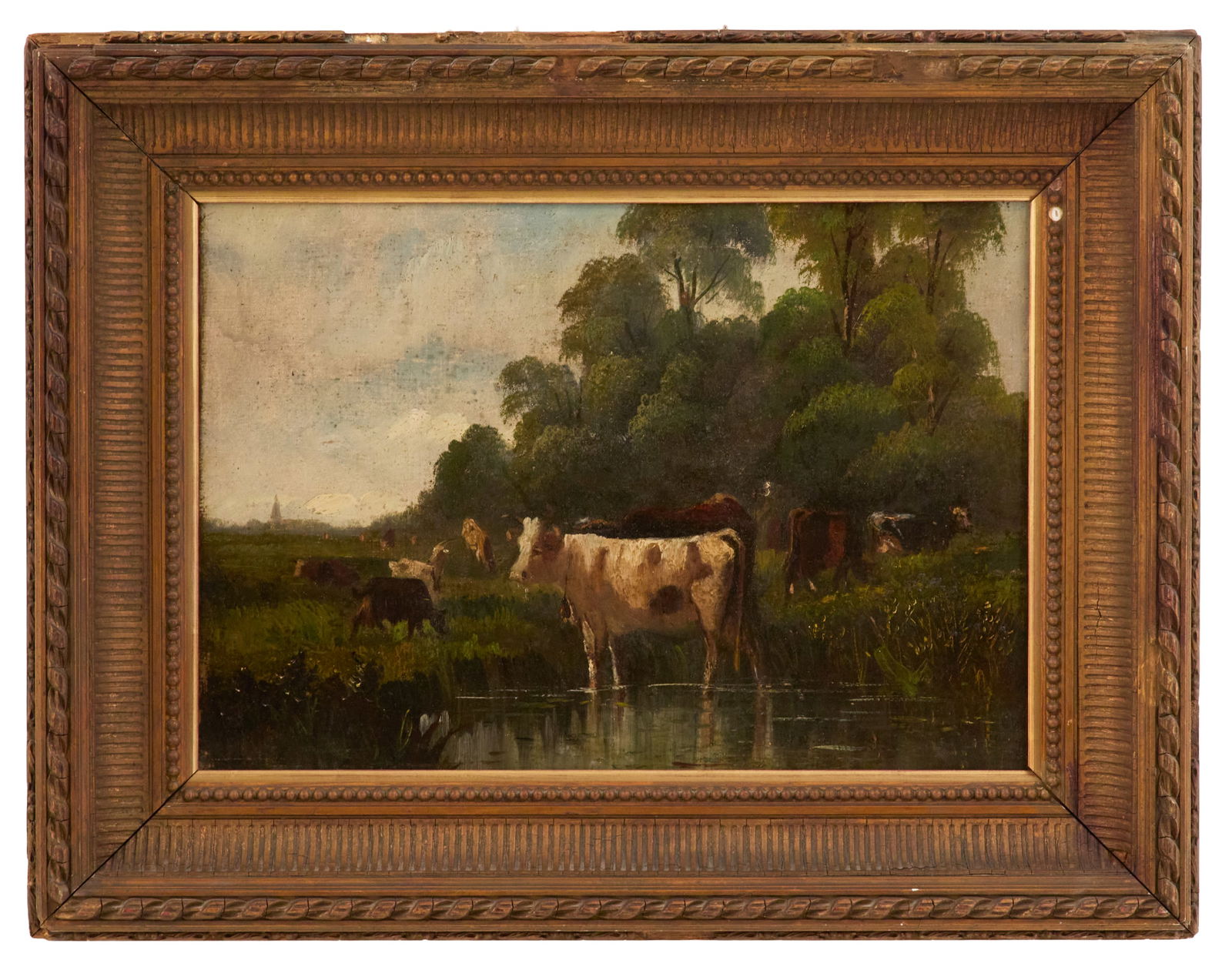 British School (19th Century): British School19th Century"Cows by the Stream"oil on canvasunsigned.In a coved giltwood frame.15-3/4" x 22", framed 23" x 30" Provenance: Kevin Stone Antiques, The Collection of Kevin Stone & Mar