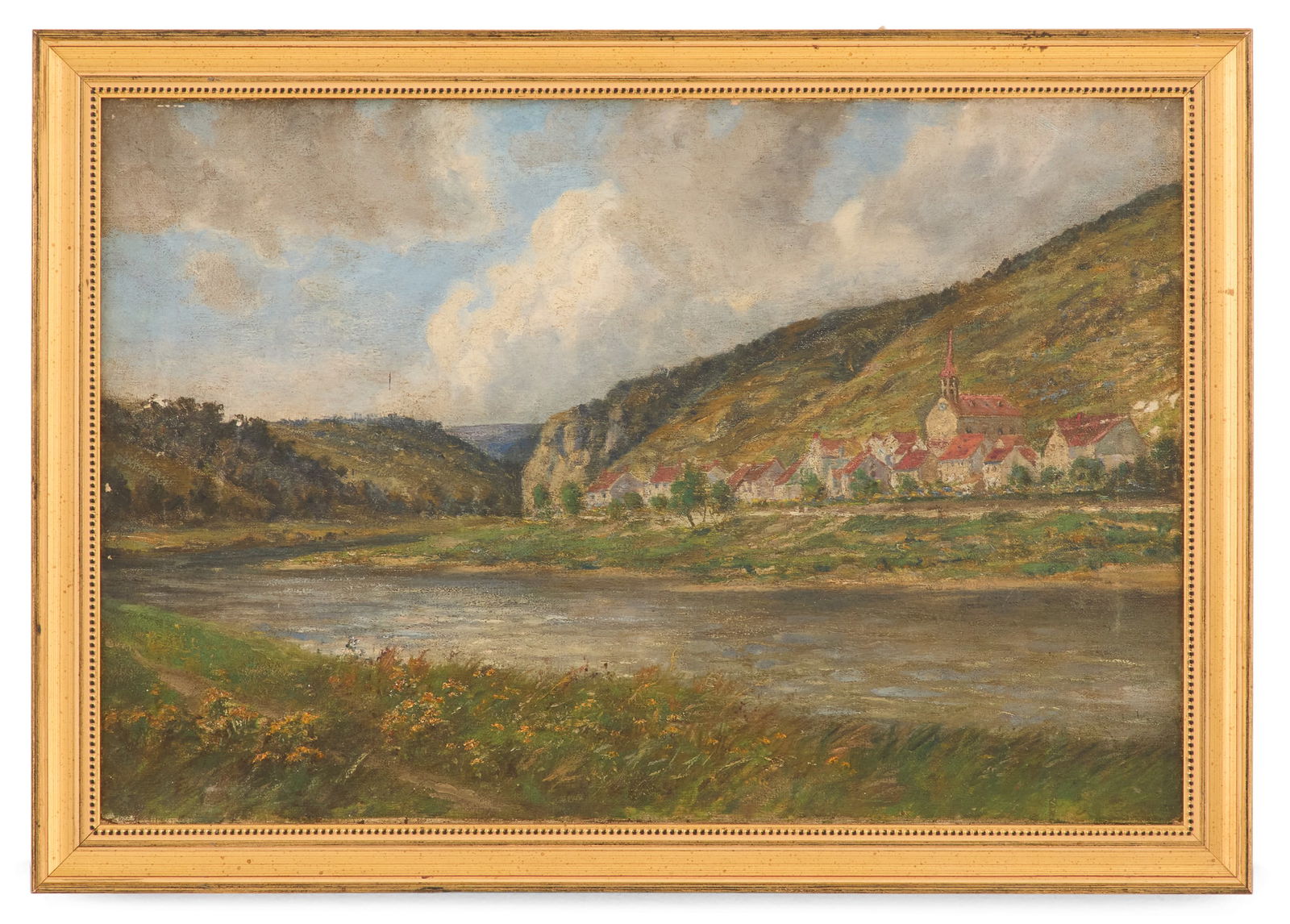 Continental School (20th Century): Continental School20th Century"Village by the River"oil on canvasunsigned.Framed.16-1/4" x 24", framed 17-3/4" x 26-1/2" Provenance: Kevin Stone Antiques, The Collection of Kevin Stone & Mark Dia