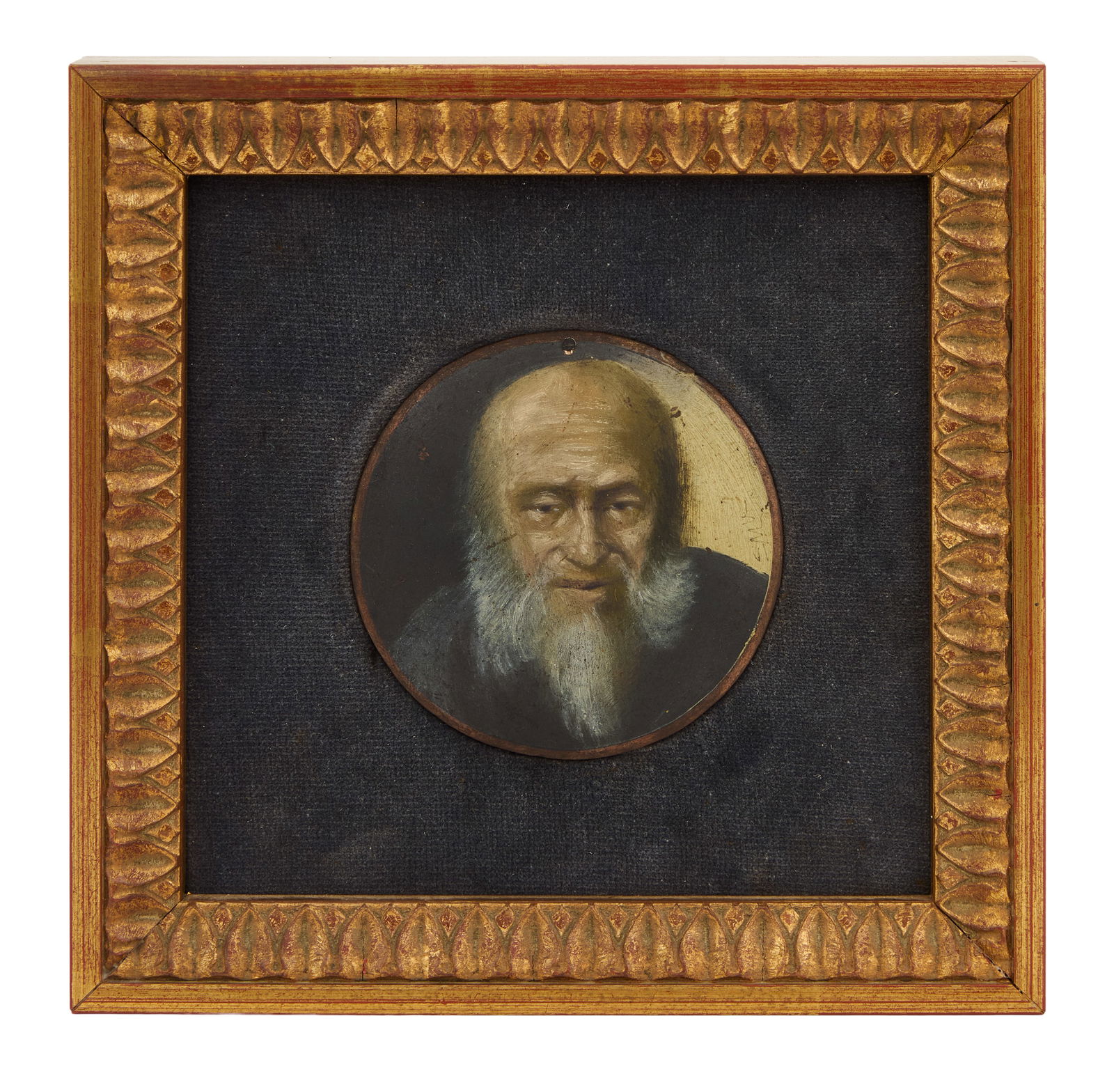 Dutch School (19th Century): Dutch School19th Century"Portrait of a Wise Man"oil on copper discinitialed center right.Matted and framed.disc dia. 3-1/4", overall 7-1/2" x 7-1/2" x 1-1/4" Provenance: Carol Robinson Gallery, N