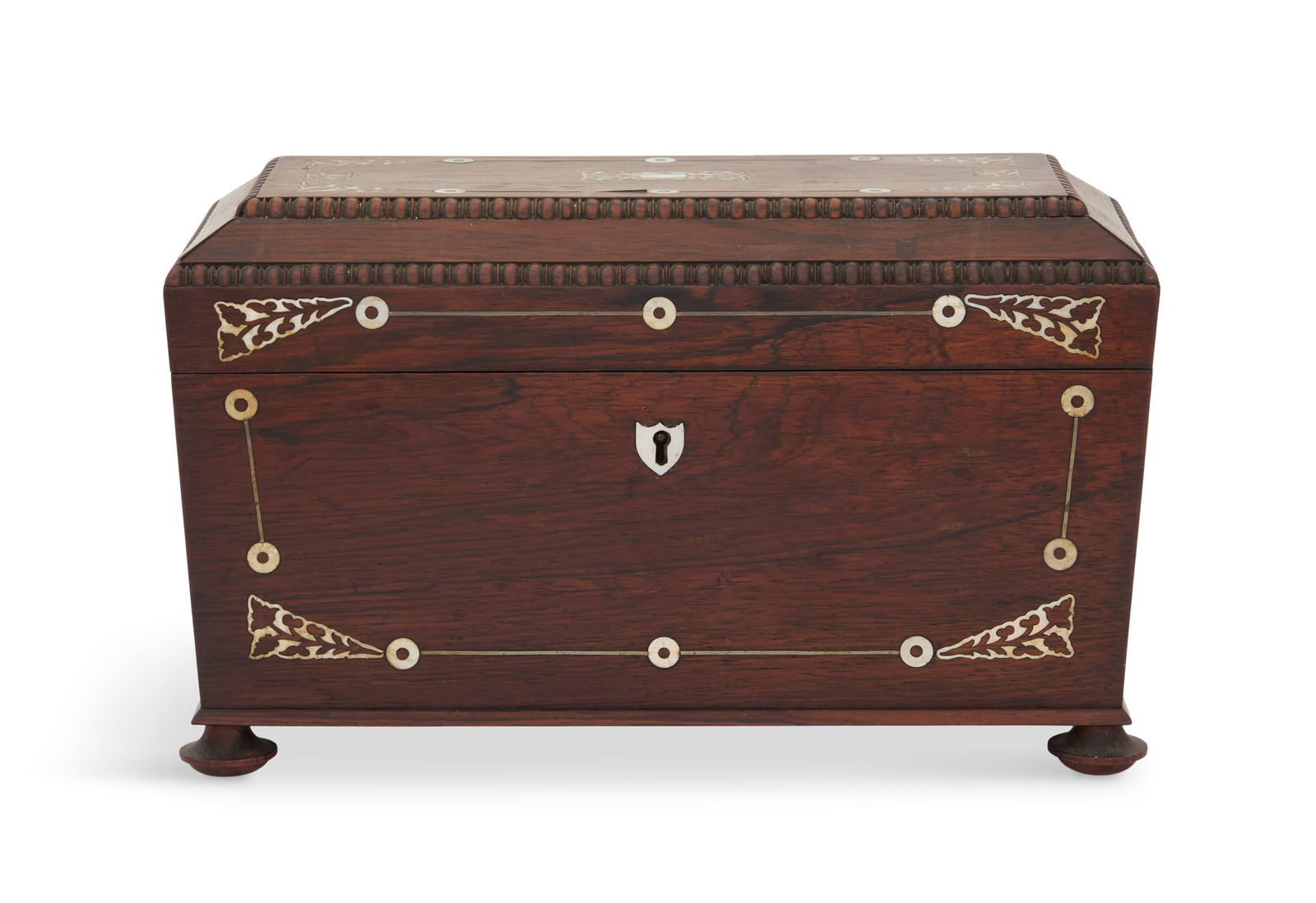 William IV Inlaid Rosewood Tea Caddy: William IV Inlaid Rosewood Tea Caddysecond quarter 19th century, inlaid with mother-of-pearl trim, the sarcophagus-form caddy with a three-compartment interior, with lidded, foil-lined compartments fl