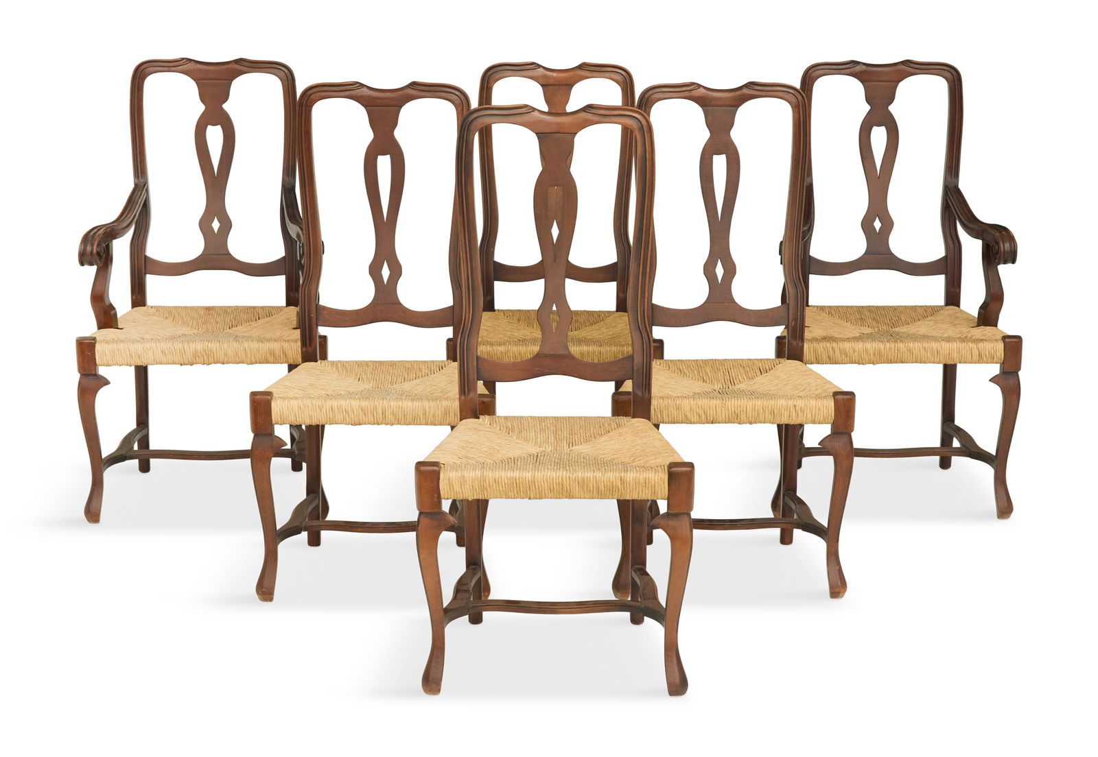 Six Provincial Dining Chairs: Six Provincial Dining Chairs in the Queen Anne Taste20th century, the oak and maple chairs with yoke backs and pierced splats, the rush seats raised on cabriole legs with scrolled stretcher bases.h. 4