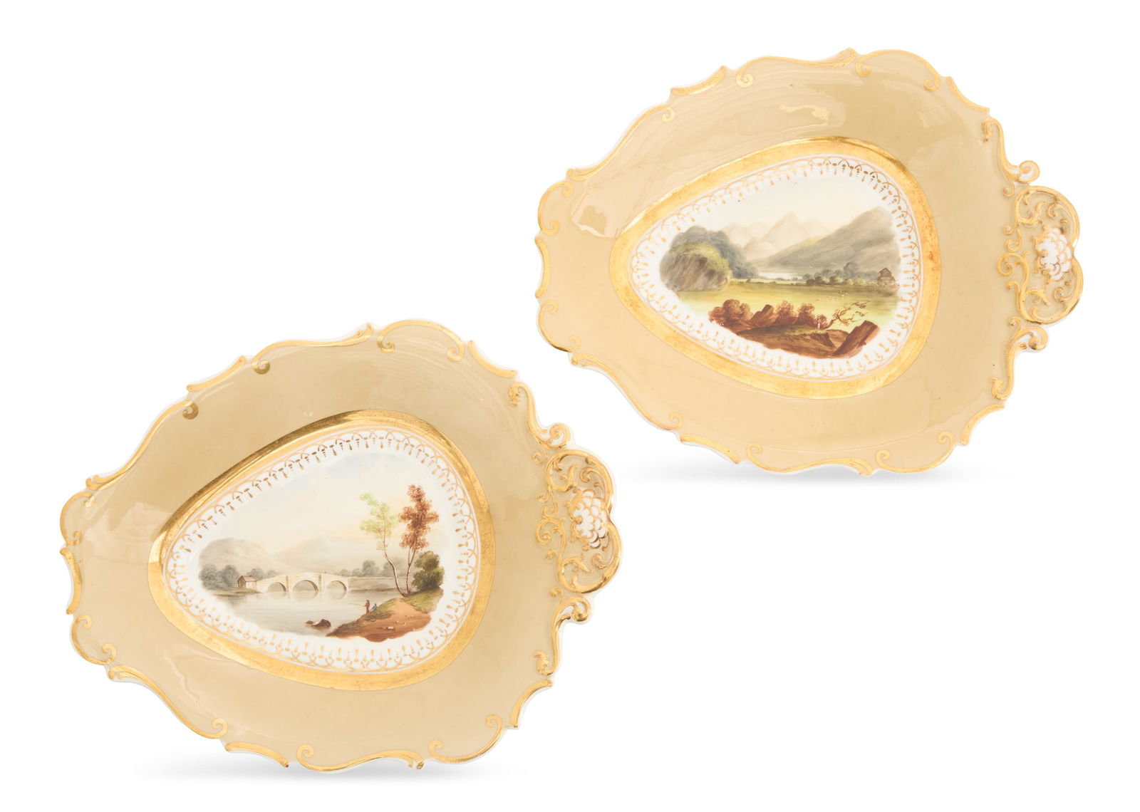 Pair of Porcelain Topographical Dessert Dishes: Pair of Porcelain Topographical Dessert Dishes ca. 1840, decorated with biscuit-colored borders and polychrome topographical views, with gilt accents, possibly American. w. 10-3/4", d. 8-1/4" 