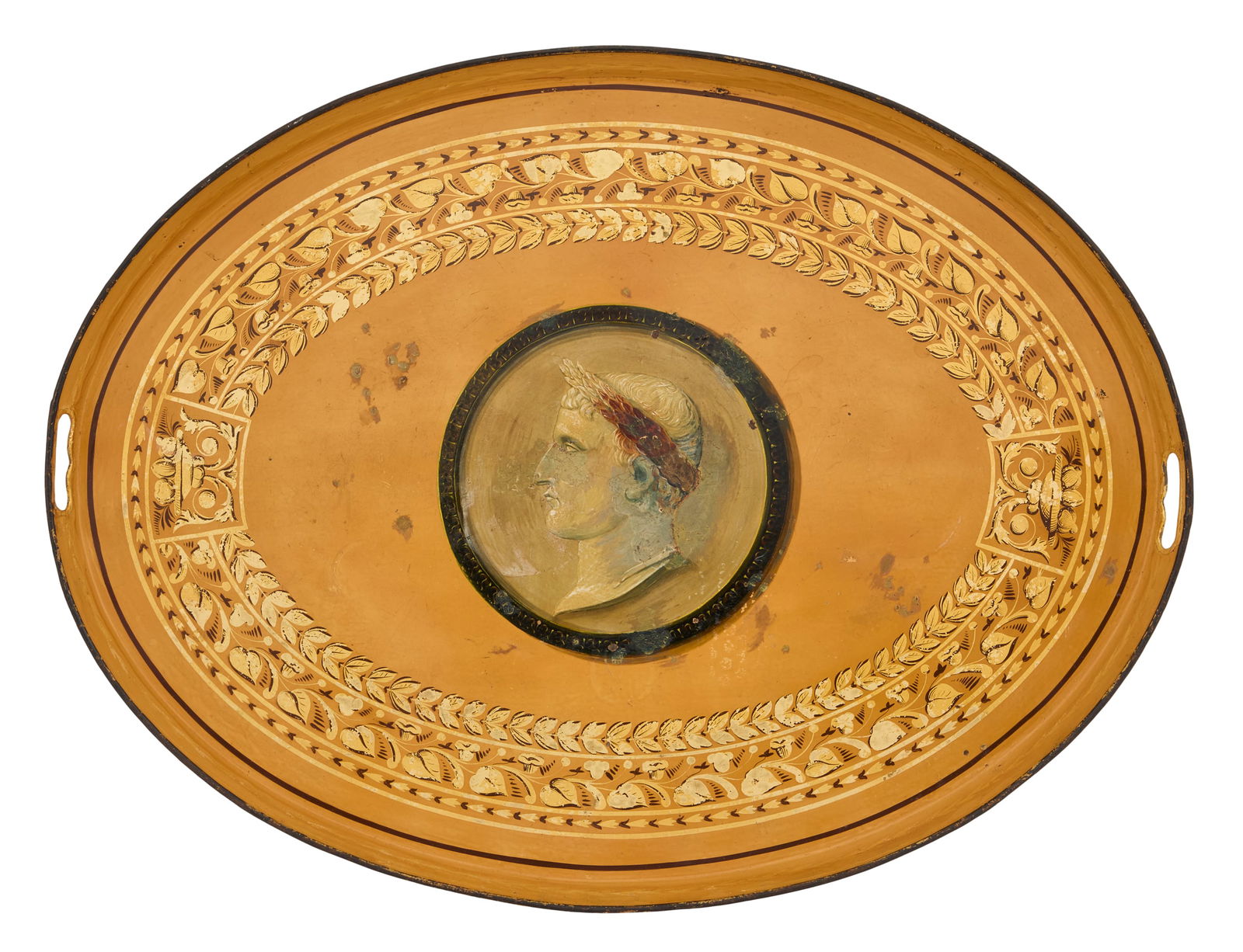 French Tole Peinte Oval Tray: French Tole Peinte Oval Trayearly 19th century, decorated with a profile of Julius Caesar wearing a laurel wreath, framed with gilt borders of leaves and urns.w. 30-1/2", d. 23" Provenance: Kevin Ston