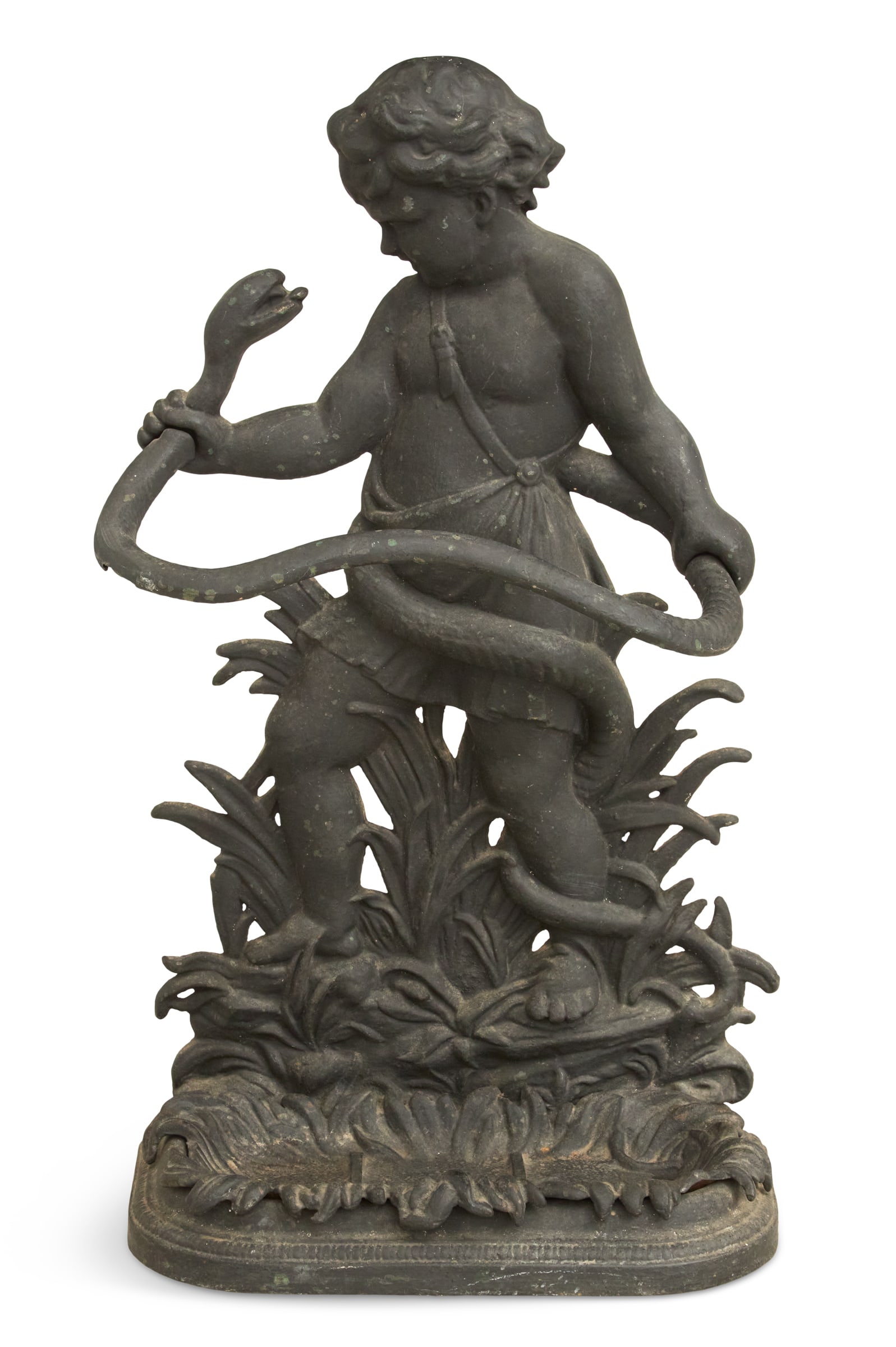 English Cast-Iron Umbrella/Walking Stick Holder: English Cast-Iron Umbrella and Walking Stick Holderlate 19th century, in the Coalbrookdale taste, depicting a young Hercules strangling the serpent, the serpent supporting the umbrellas, on a molded d