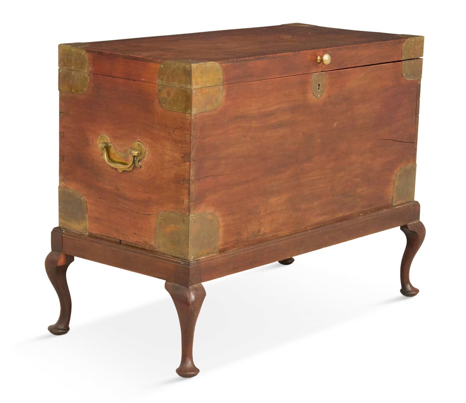 Queen Anne Camphor Wood Trunk on Stand: Queen Anne Camphor Wood Trunk on Stand 18th century, constructed of single-board stock, the corners dressed with chased brass mounts, on a framed base with Queen Anne legs ending in pad feet. h.