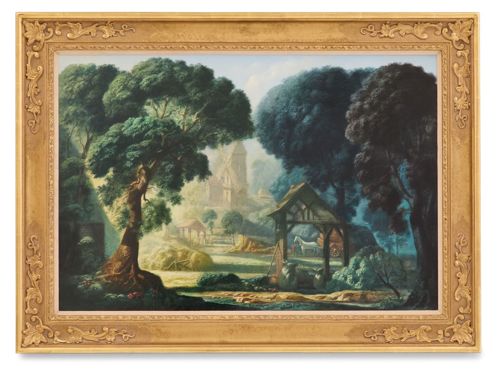 Harold Hitchcock (British, 1914-2009): Harold Hitchcock (British, 1914-2009) "The Miller's Yard", 1971 oil on board initialed and dated lower right, and signed, titled and dated en verso. Framed. 21" x 31-1/2", framed 27-1/2" x 37-1/2" 