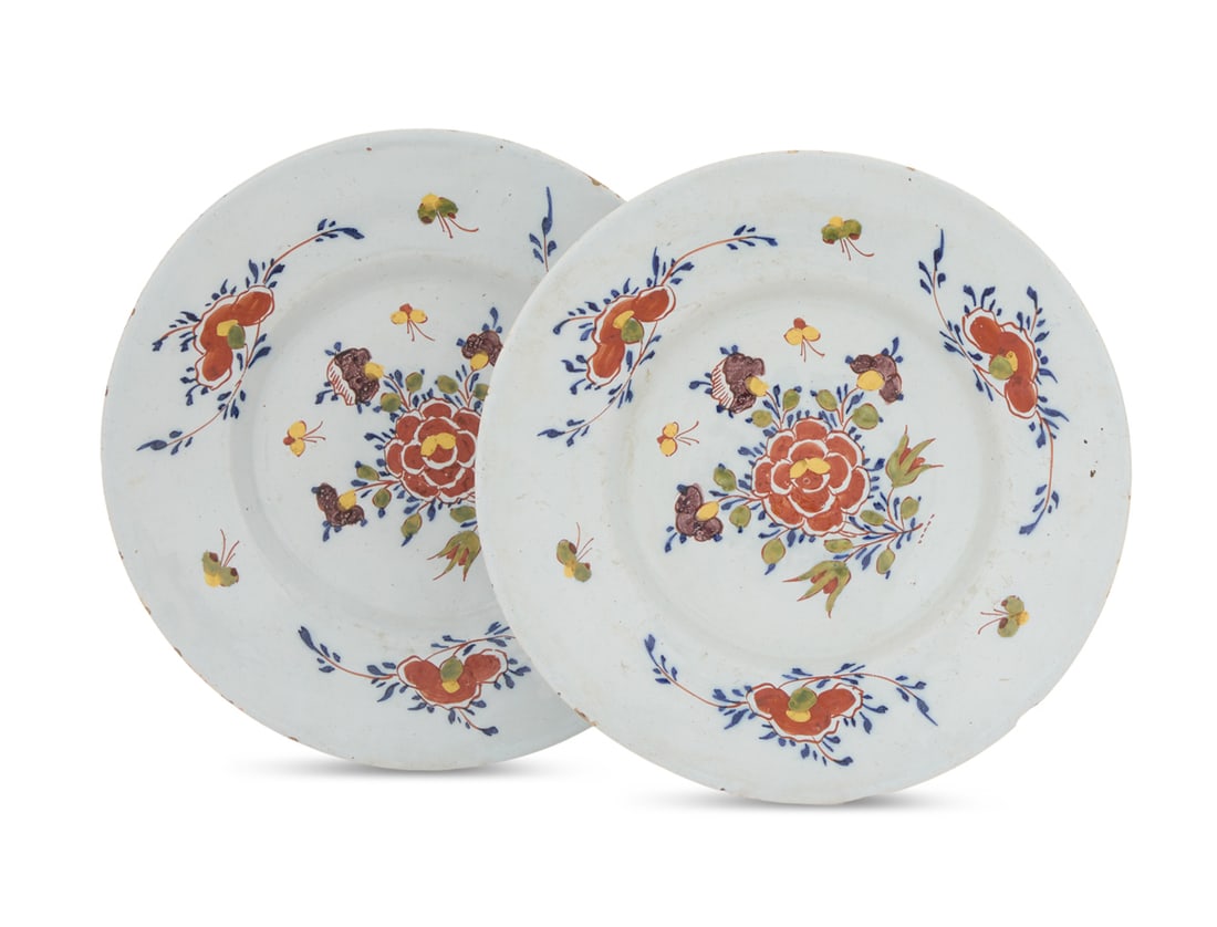 Pair of English Delft Pottery Plates: Pair of English Delft Pottery Plates 18th century, decorated with flowers and scattered butterflies. dia. 8-3/4"
